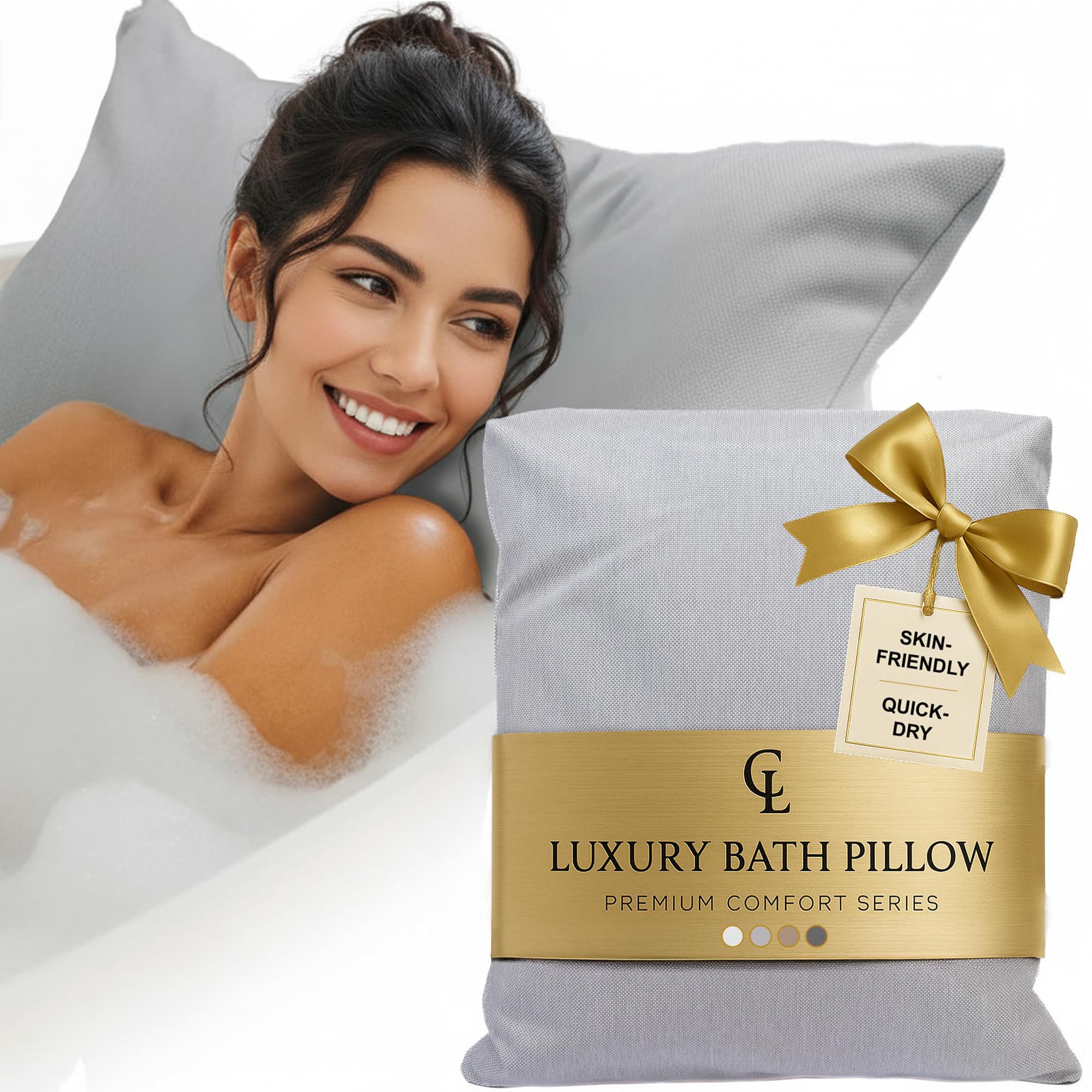 Claessonliving luxury bath pillow provides ergonomic head-neck support for comfortable soaks.