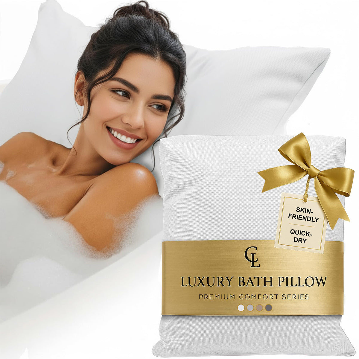 Claessonliving luxury bath pillow front view shows full head support for long soaks.