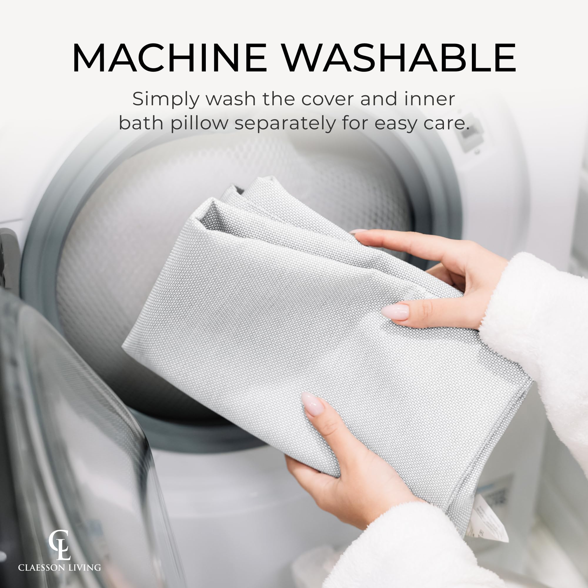 Claessonliving luxury bath pillow in tub illustrates stable placement.