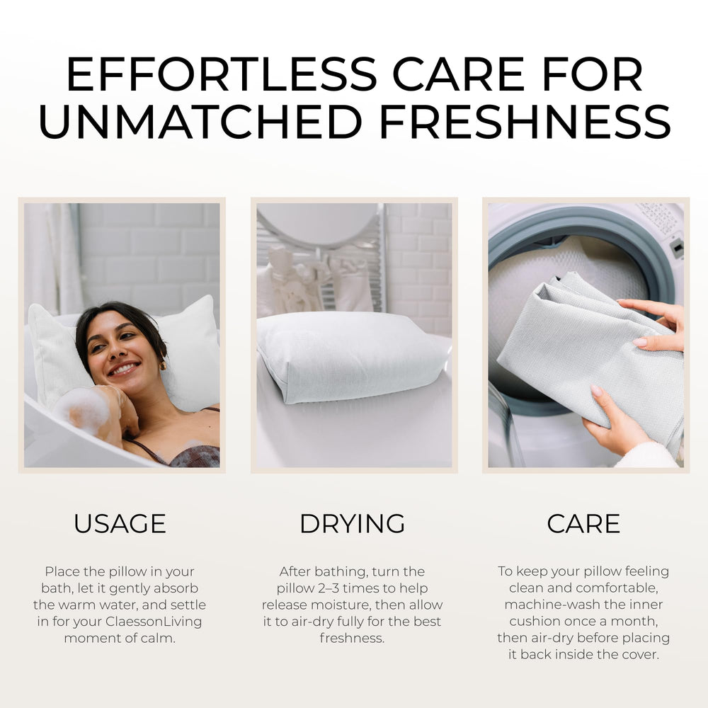 Claessonliving luxury bath pillow machine-washable cover ready for easy cleaning.