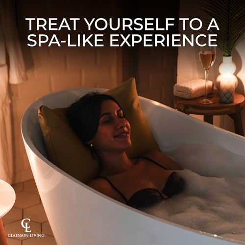 Claessonliving sand-colored pillow enhances calm bath ambience.