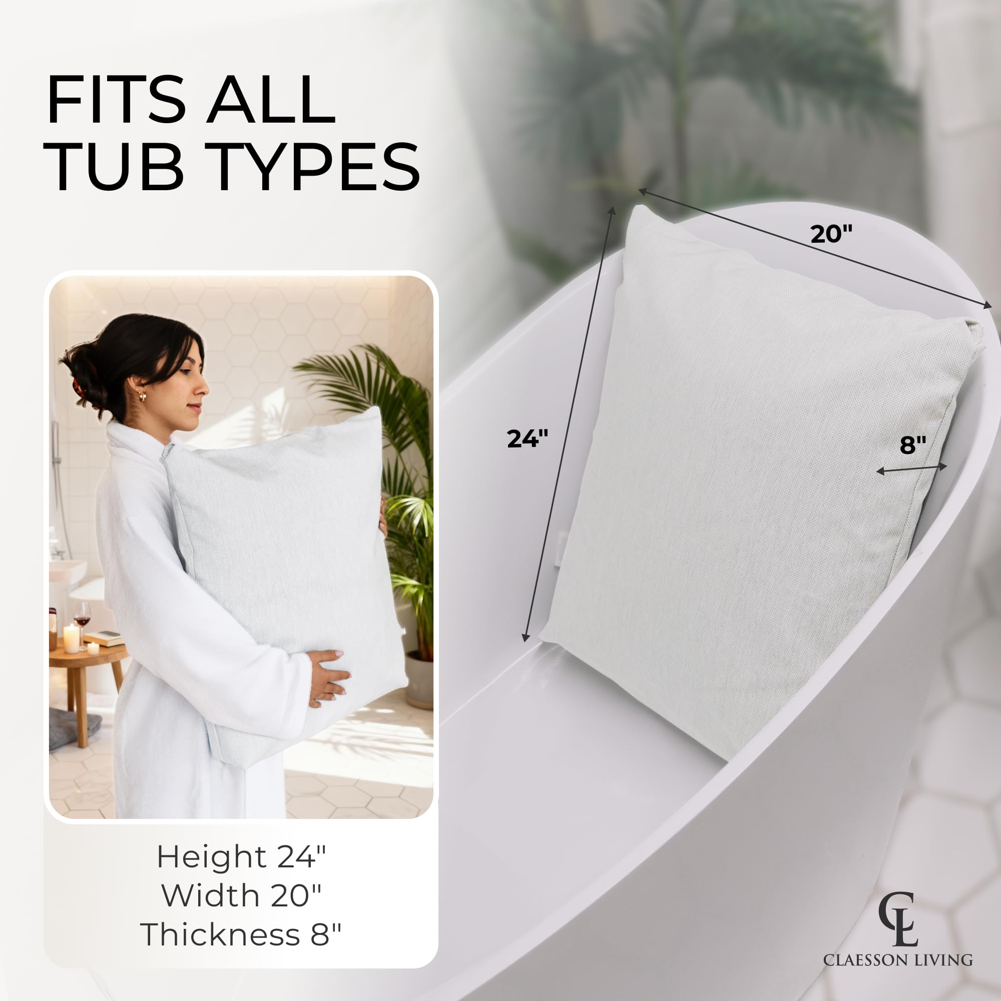 Claessonliving luxury bath pillow side profile highlights plush neck cushioning.