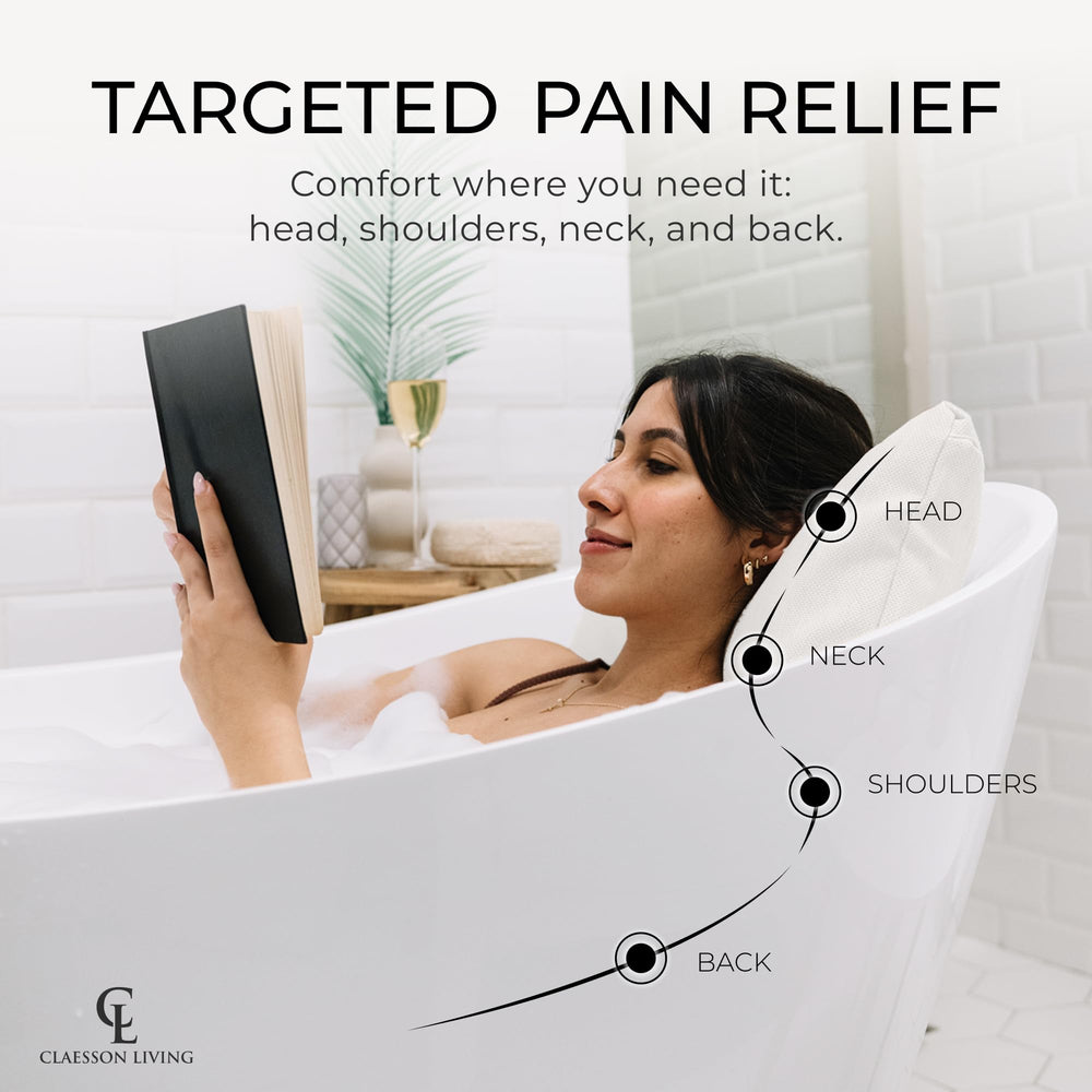 Claessonliving luxury bath pillow tilted-head support shows ergonomic contour for comfort.