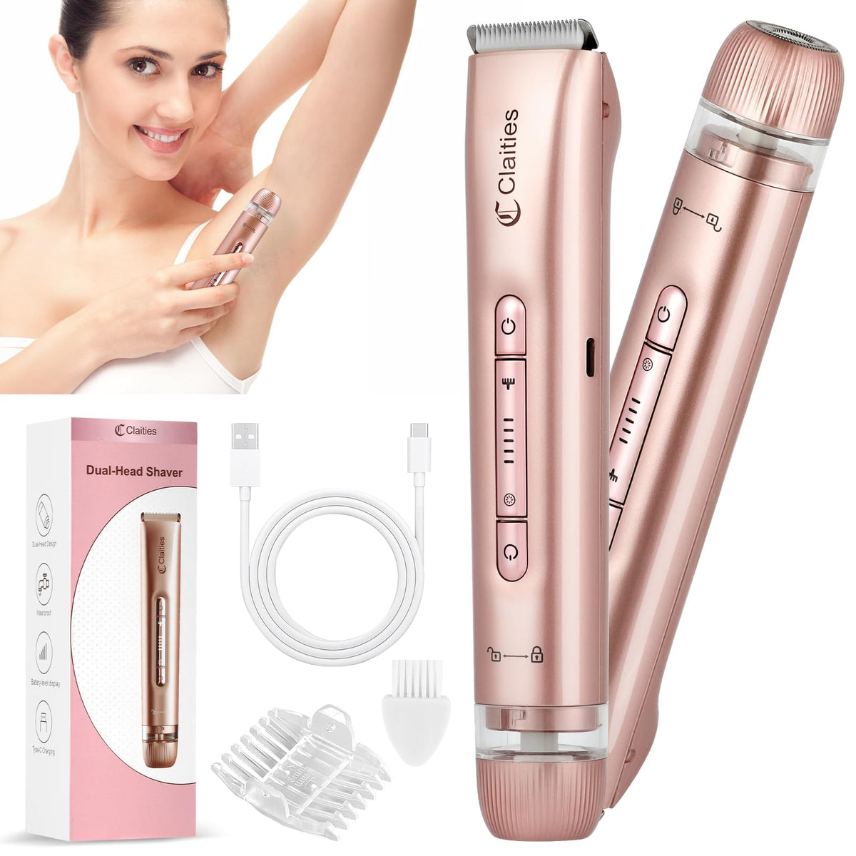 Claities 2in1 shaver dual-head closeup for precise grooming on bikini and face.