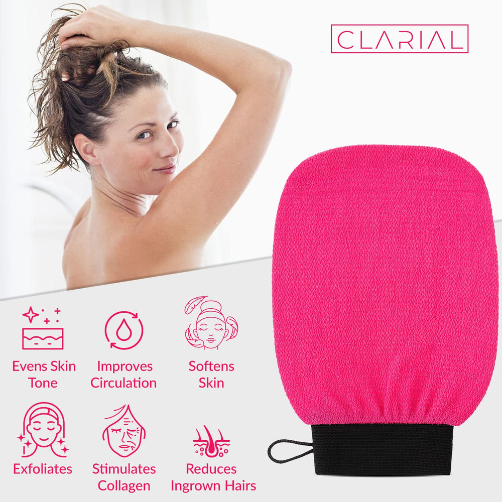 Clarial exfoliating glove pink in-bath water scene for refreshing shower routine
