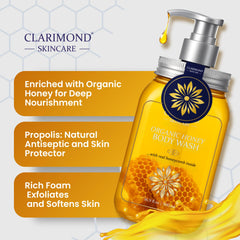 Clarimond Organic Honey Body Wash features aloe and rosemary oils for a calming, refreshing scent