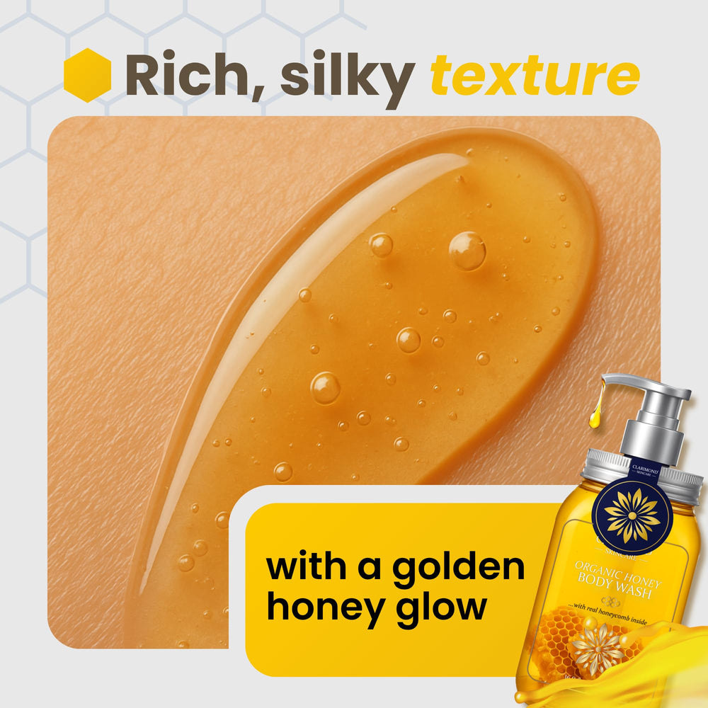 Clarimond Organic Honey Body Wash with oatmeal exfoliation reveals smoother skin after use