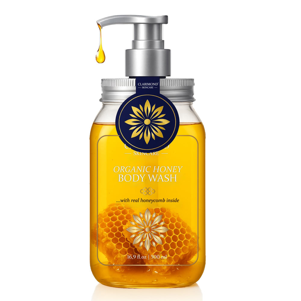 Clarimond Organic Honey Body Wash comes in 500ml packaging for home and travel