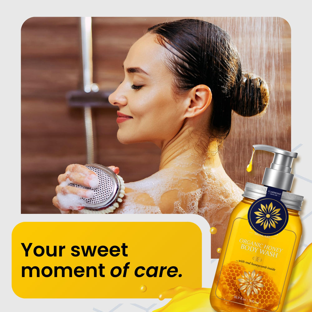 Clarimond Organic Honey Body Wash propolis extract bottle highlights natural cleansing with antiseptic-inspired care