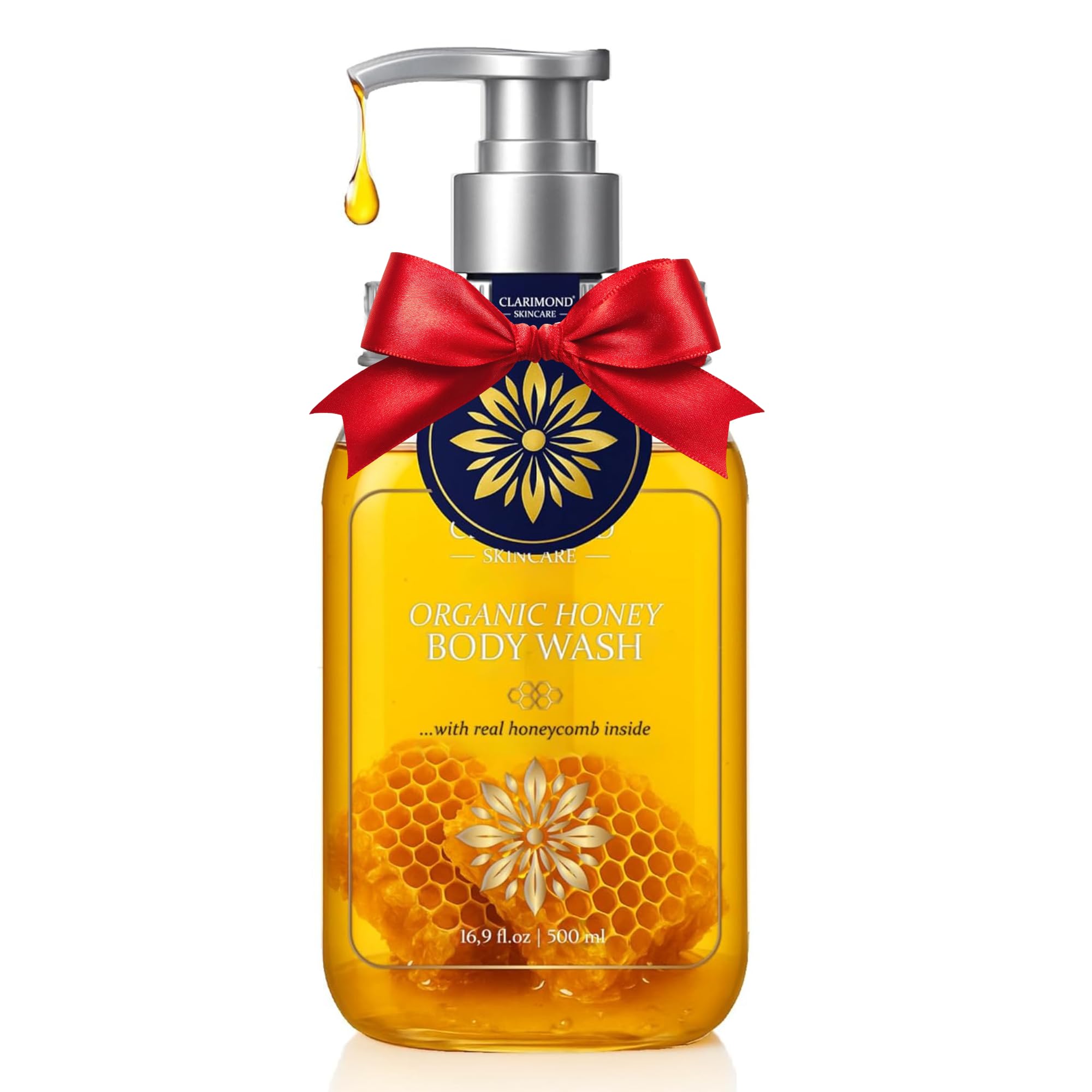 Clarimond Organic Honey Body Wash with real honeycomb pieces delivers deep moisture during cleansing
