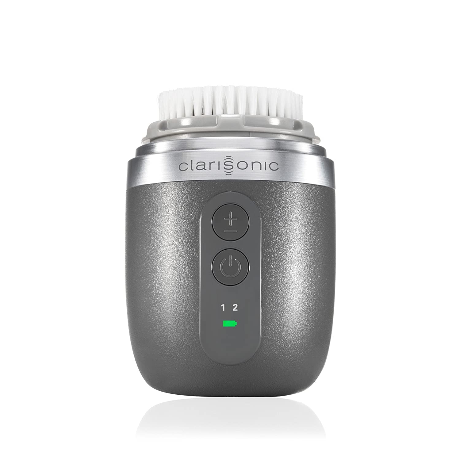 Clarisonic Alpha FIT men's face brush in grey from the front with ergonomic handle.