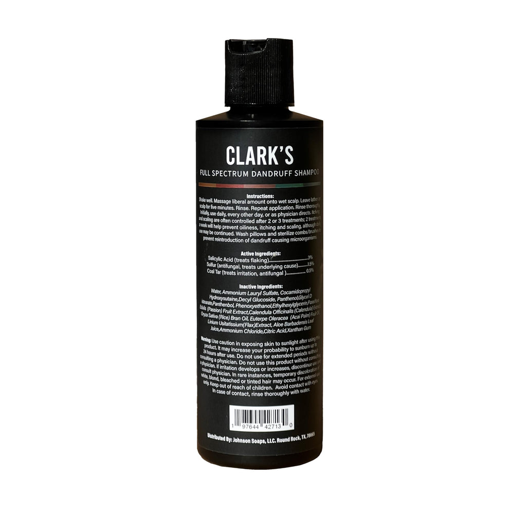 Clark's Full Spectrum Dandruff Shampoo label shows active ingredients for informed use