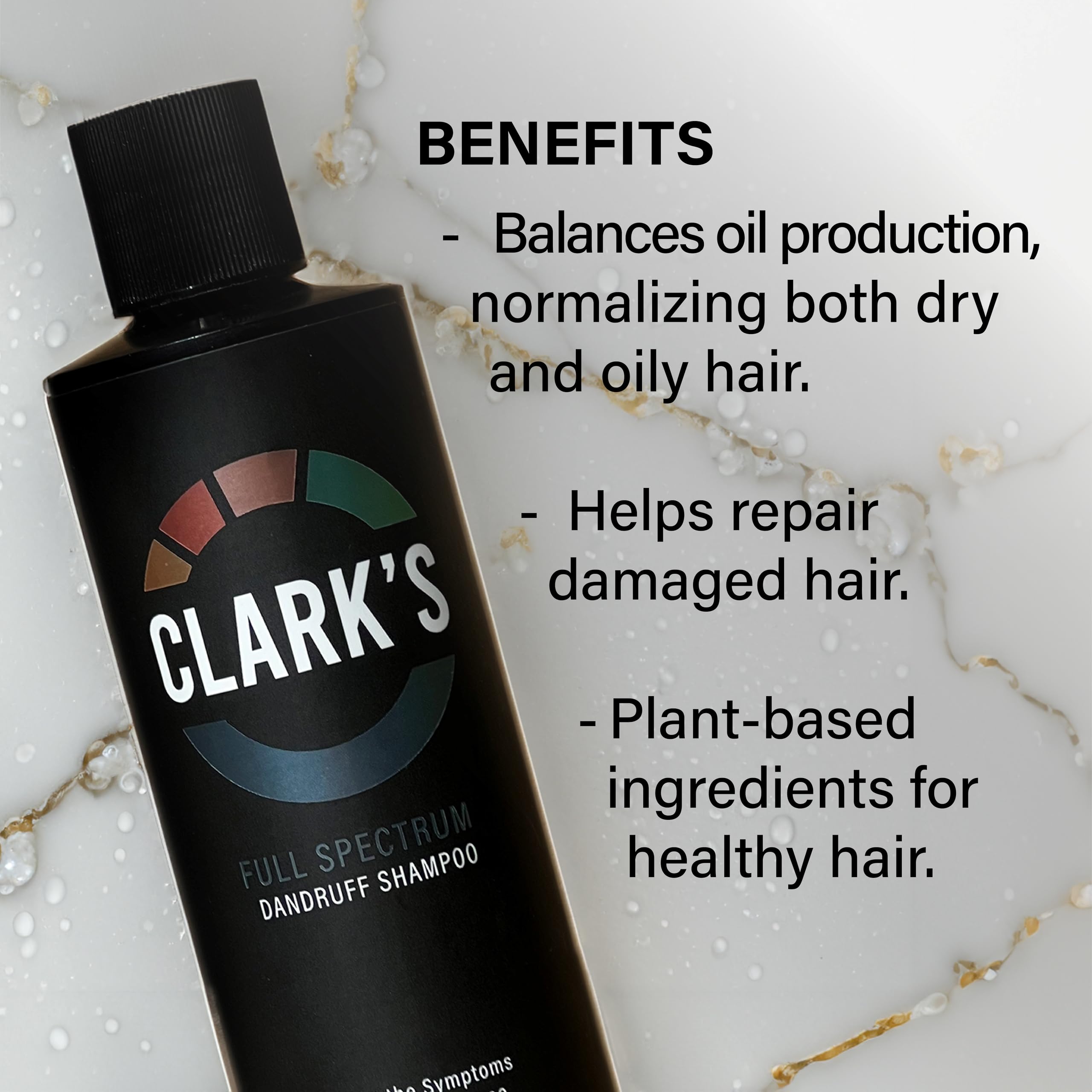 Clark's Full Spectrum shampoo scalp closeup suggests comfortable application and routine maintenance