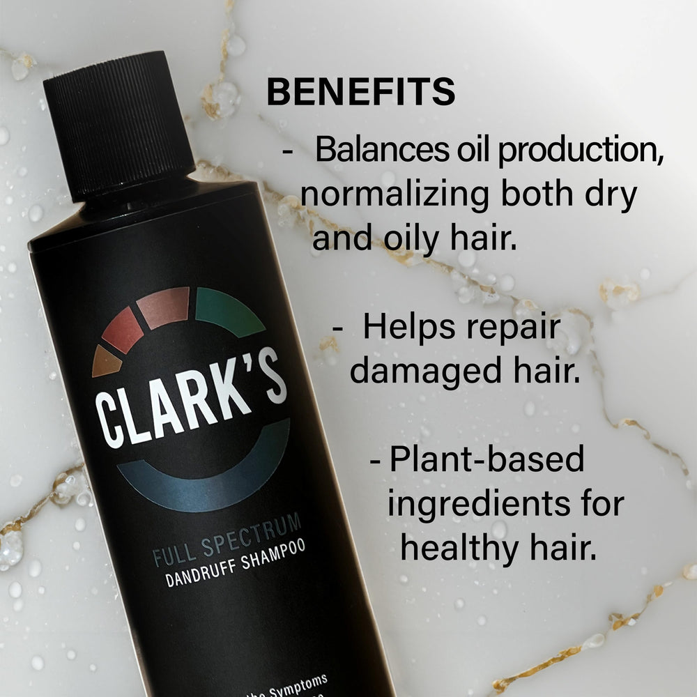 Clark's Full Spectrum shampoo scalp closeup suggests comfortable application and routine maintenance