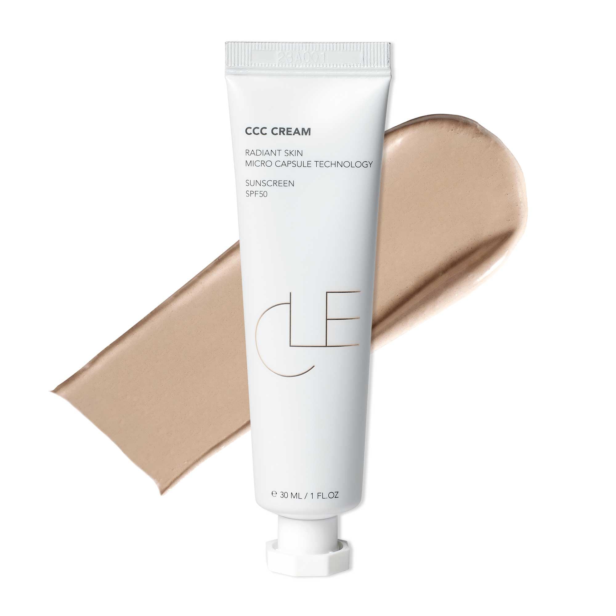 CLE Cosmetics CCC Cream Warm Light 106 bottle shows lightweight sunscreen makeup base for daily wear.