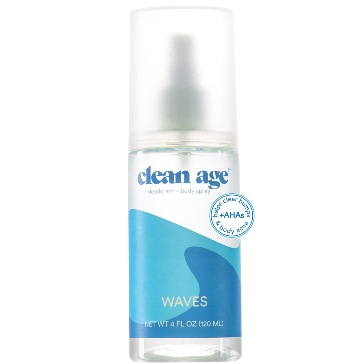 Clean Age Waves 4oz bottle front shows aluminum-free teen deodorant for all-day freshness.