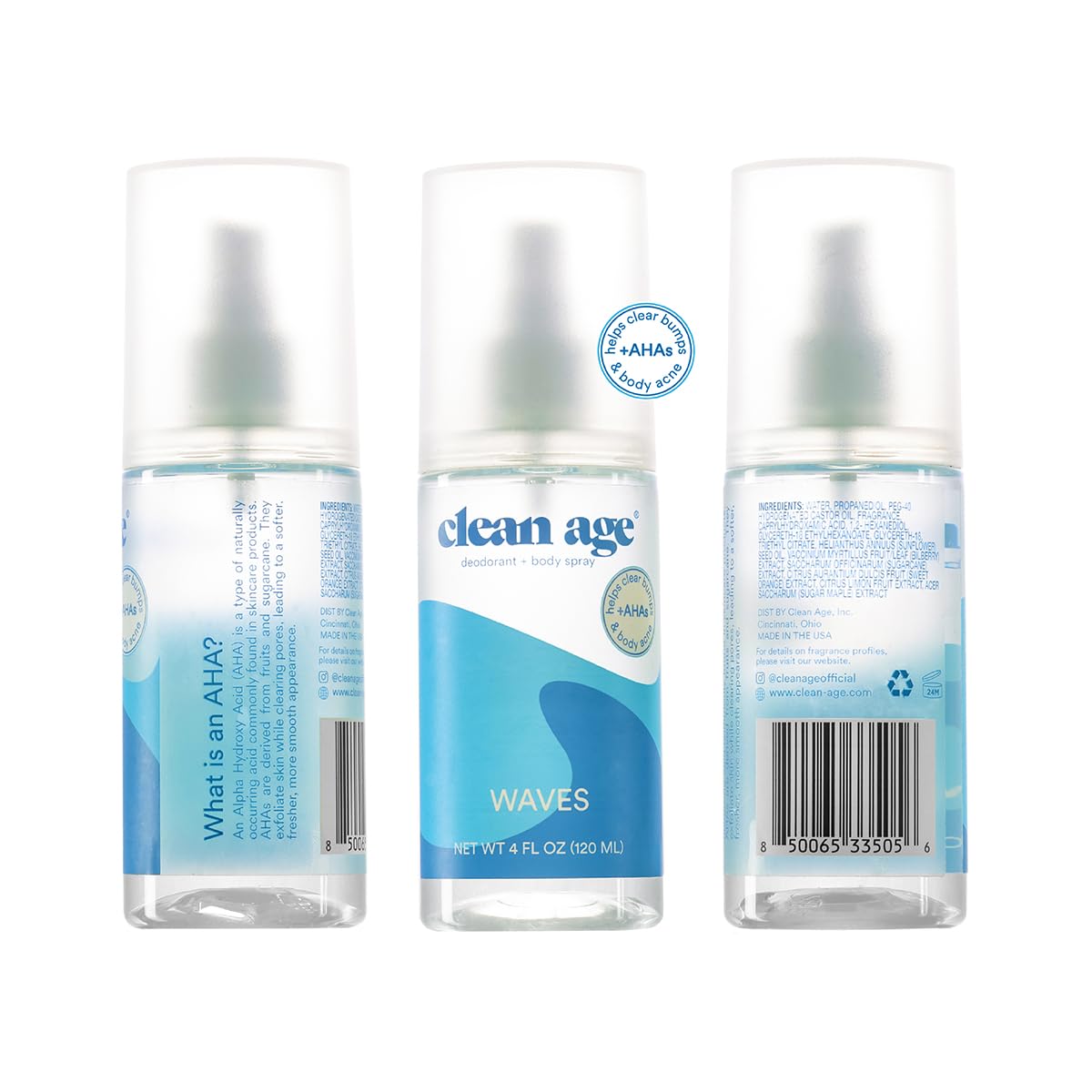 Clean Age Waves cruelty-free seal communicates ethical, animal-friendly choice.