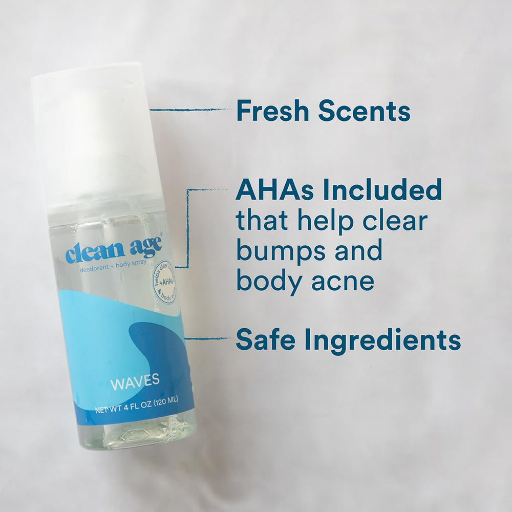 Clean Age Waves label closeup highlights vegan, paraben-free and cruelty-free formula.