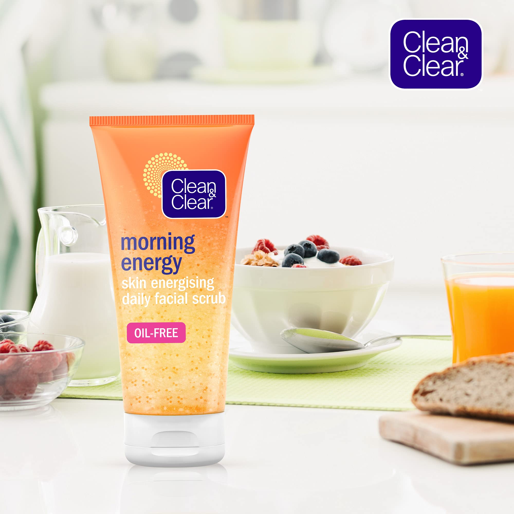 Clean & Clear Morning Energy scrub applying in a gentle massage during the morning routine.