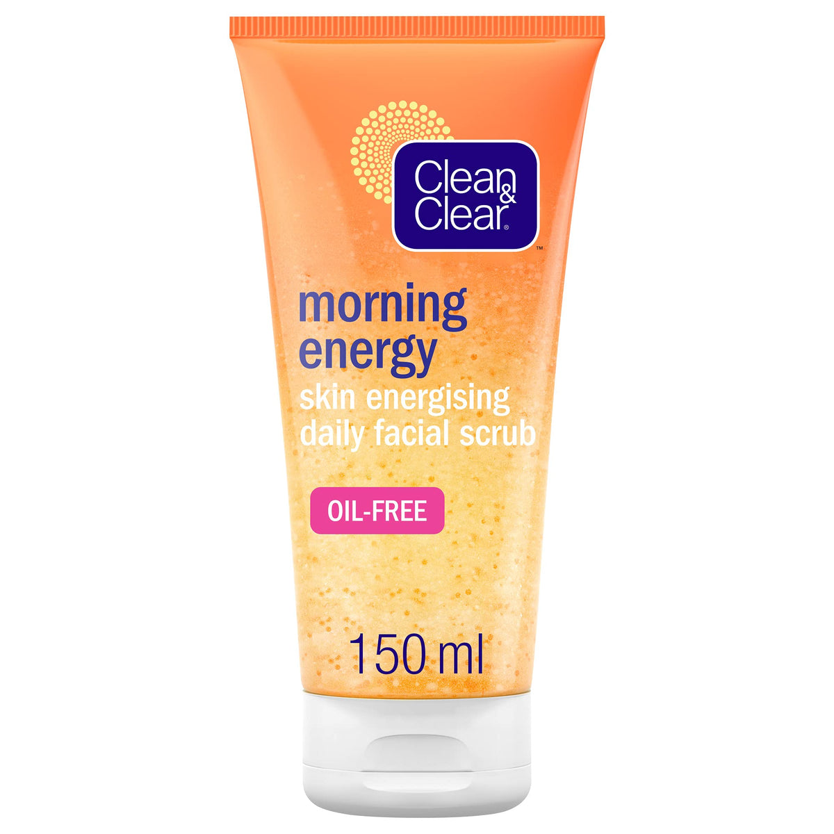 Clean & Clear Morning Energy scrub bottle closeup for a refreshing morning routine.