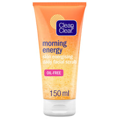 Clean & Clear Morning Energy scrub bottle closeup for a refreshing morning routine.
