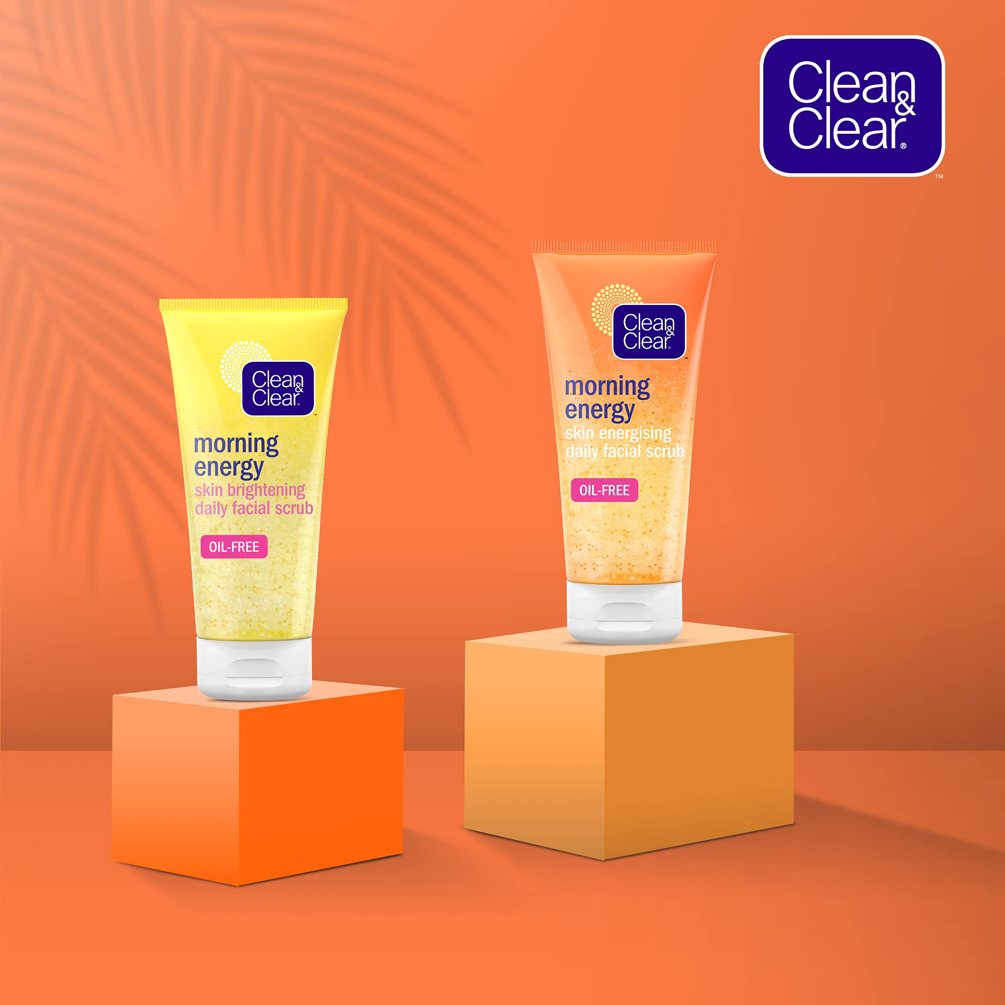 Clean & Clear Morning Energy scrub sits on the countertop ready for the morning routine.