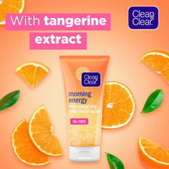 Clean & Clear Morning Energy scrub with tangerine extract swirl for citrus-fresh wake-up.