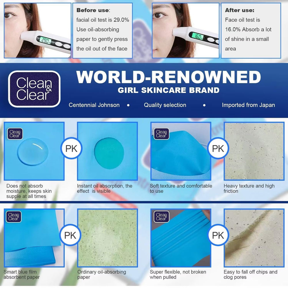 Clean & Clear oil-control film totals 300 sheets, ideal for travel.