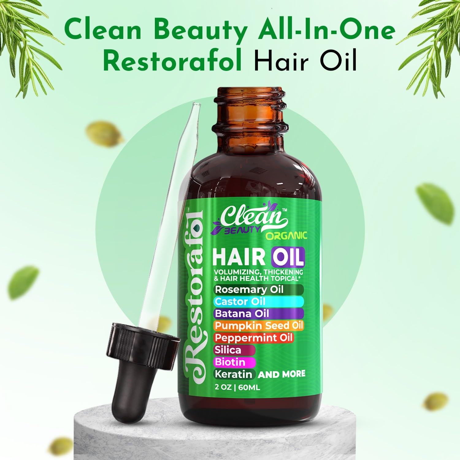 Clean Beauty Rosemary Hair Oil oil drop emphasizes nourishing texture.