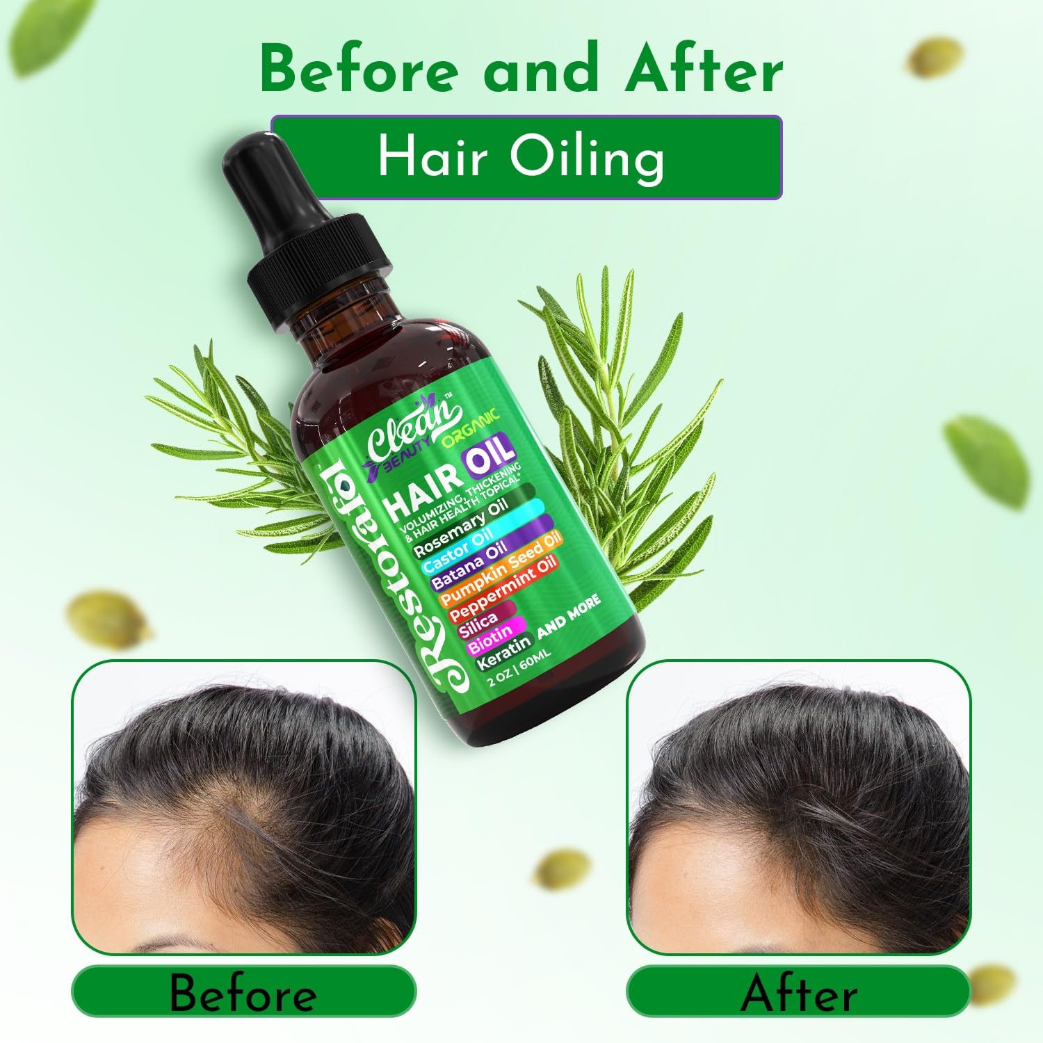 Clean Beauty Rosemary Hair Oil rosemary leaf highlights herb-infused care.