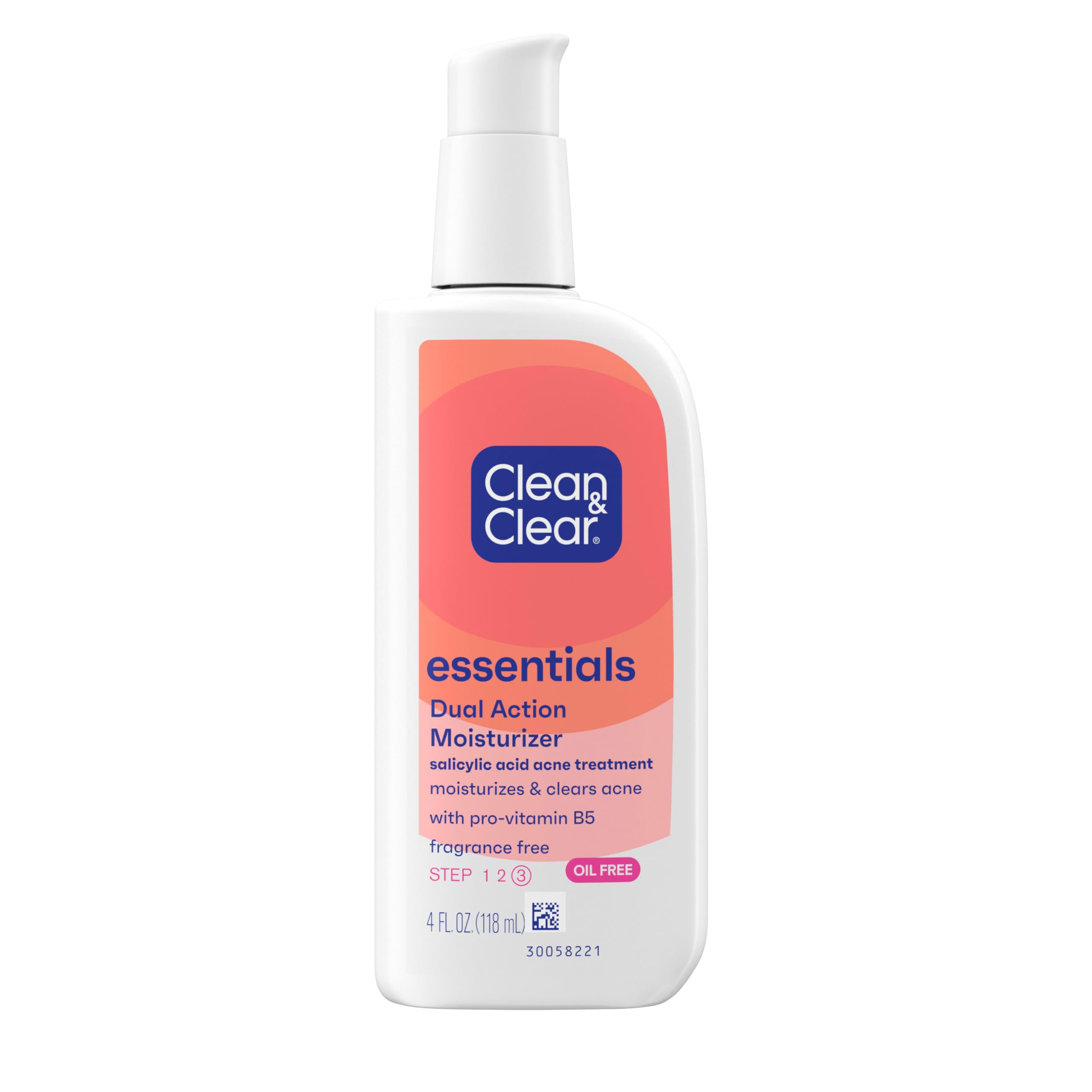 Clean & Clear Essentials Dual Action Moisturizer bottle pouring for oil-free hydration to support acne-prone skin