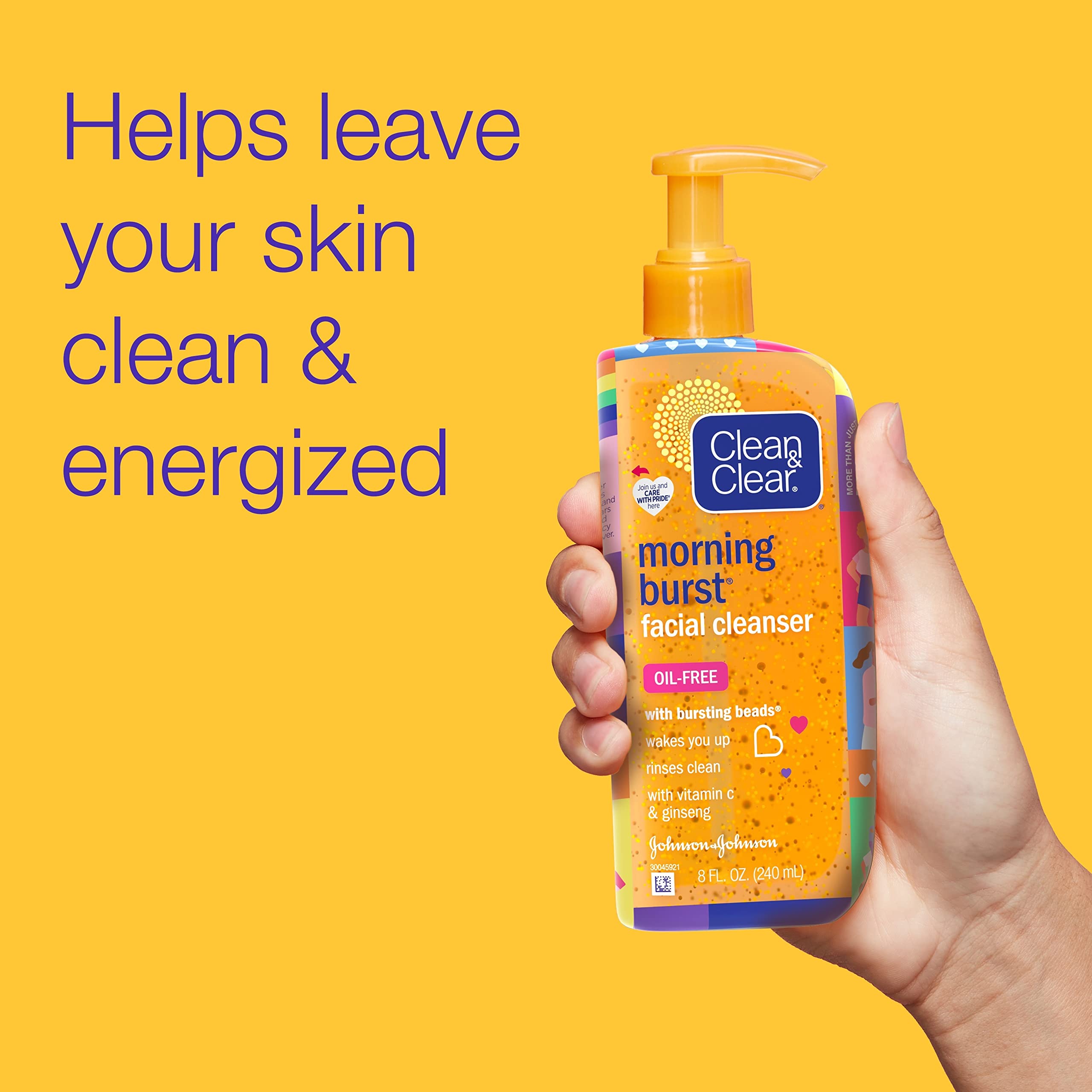 Clean & Clear Morning Burst bottle close-up shows vitamin C energy boost.
