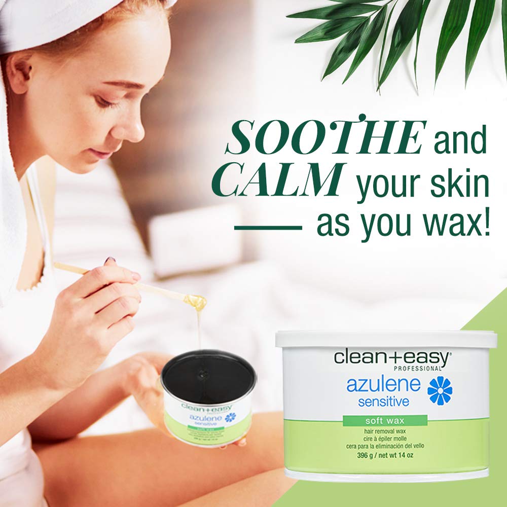 Clean + Easy Azulene soft wax body application highlights all-skin suitability.