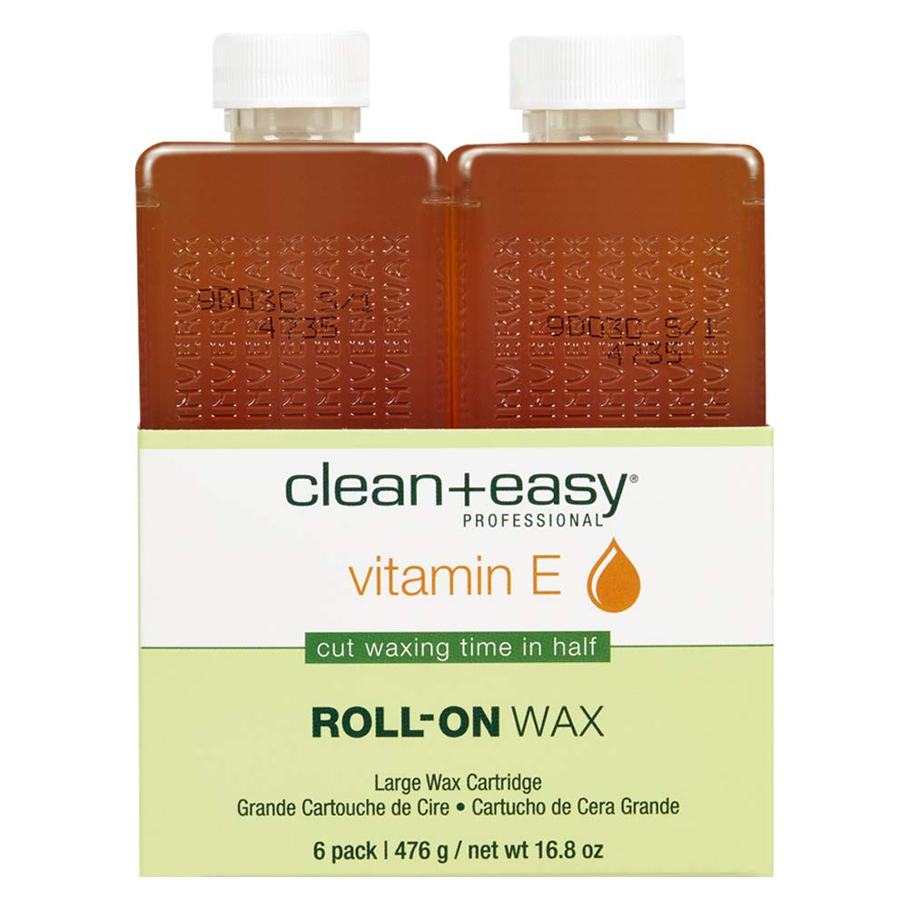 Clean + Easy Vit E Roll-On Wax packaging showcases salon-grade formula for facial and body waxing.