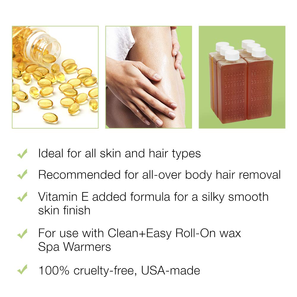 Six-pack display of Clean + Easy Vit E Roll-On Wax offering value for salons.