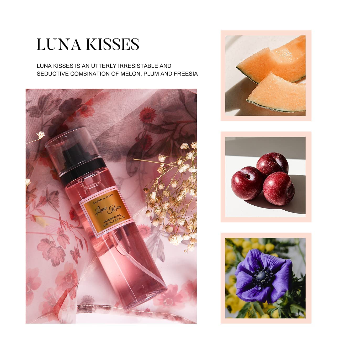 Clean-n-Fresh dream collection bottle close-up highlights cherry blossom and peach notes.