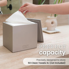 Clean Skin Club cement box interior protects towels in pristine condition.