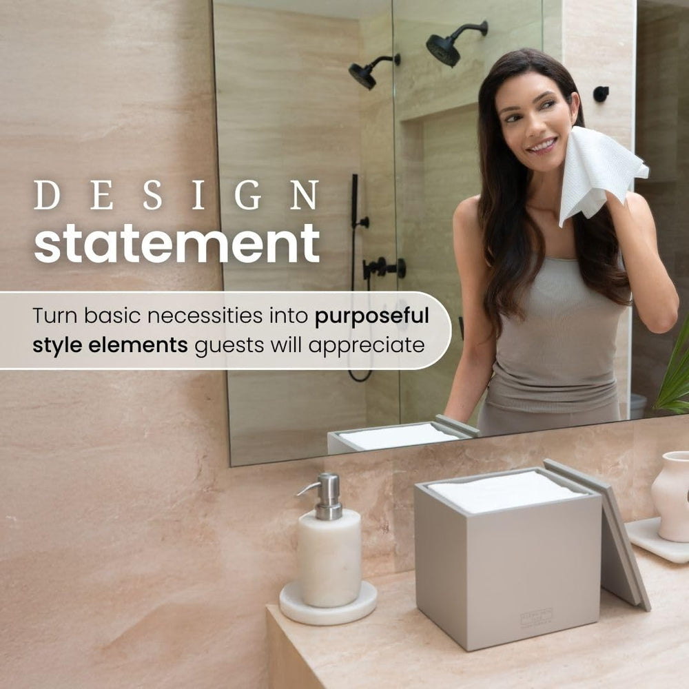 Clean Skin Club cement box fits compact vanities to save counter space.