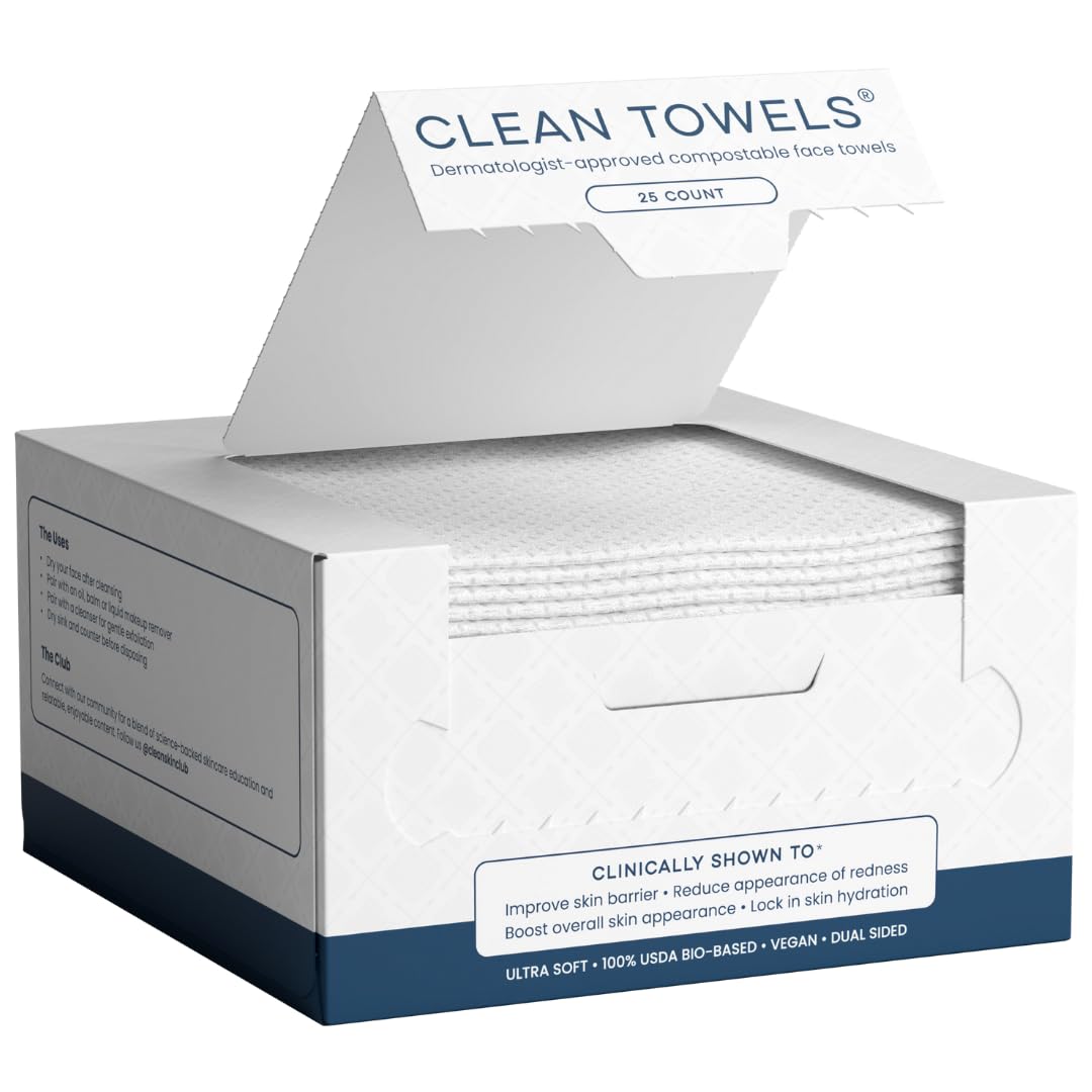 Clean Skin Club Clean Towels 25-pack front view for daily facial drying and mess-free routines.