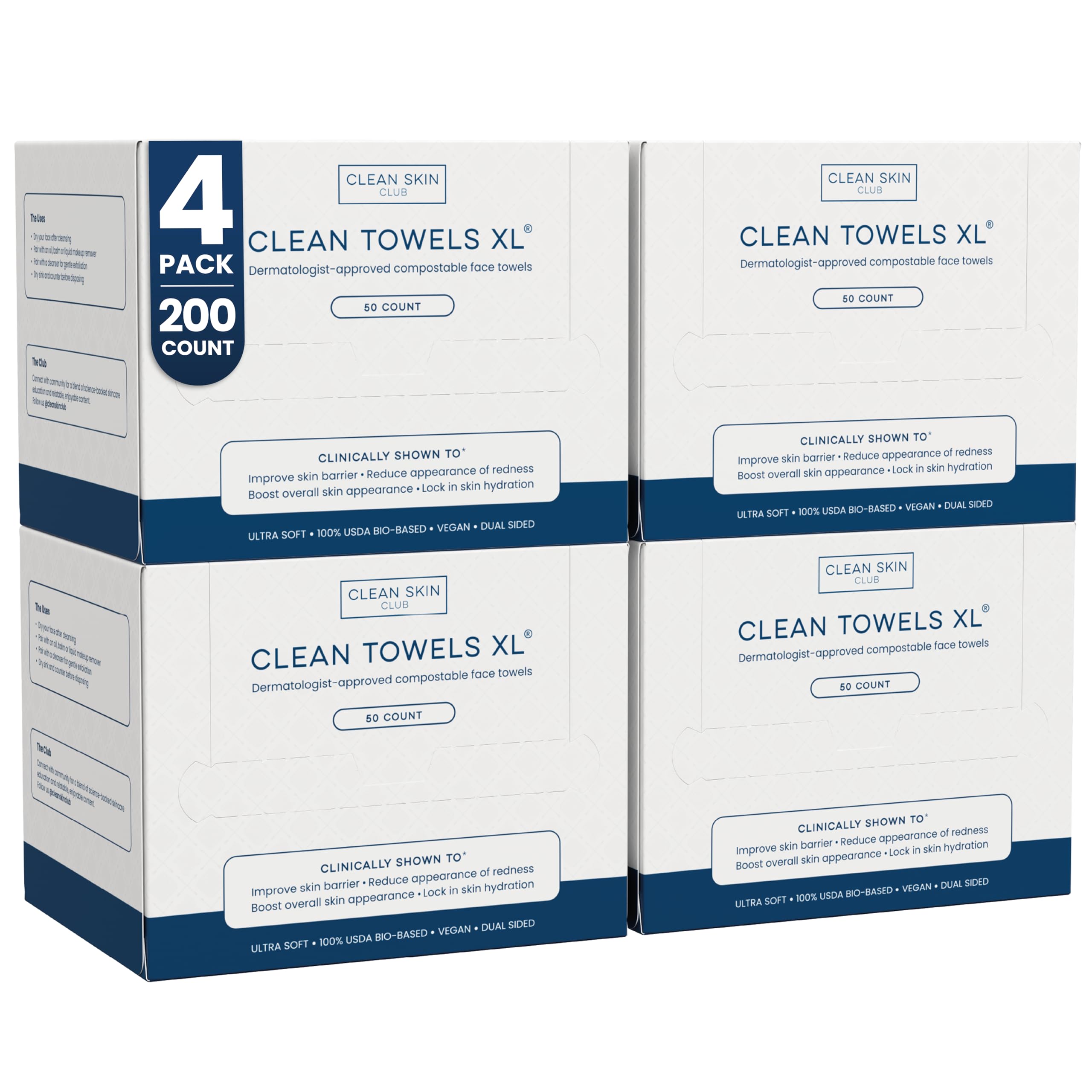 Clean Skin Club Clean Towels XL pack front view shows 200 disposable towels for daily skincare.