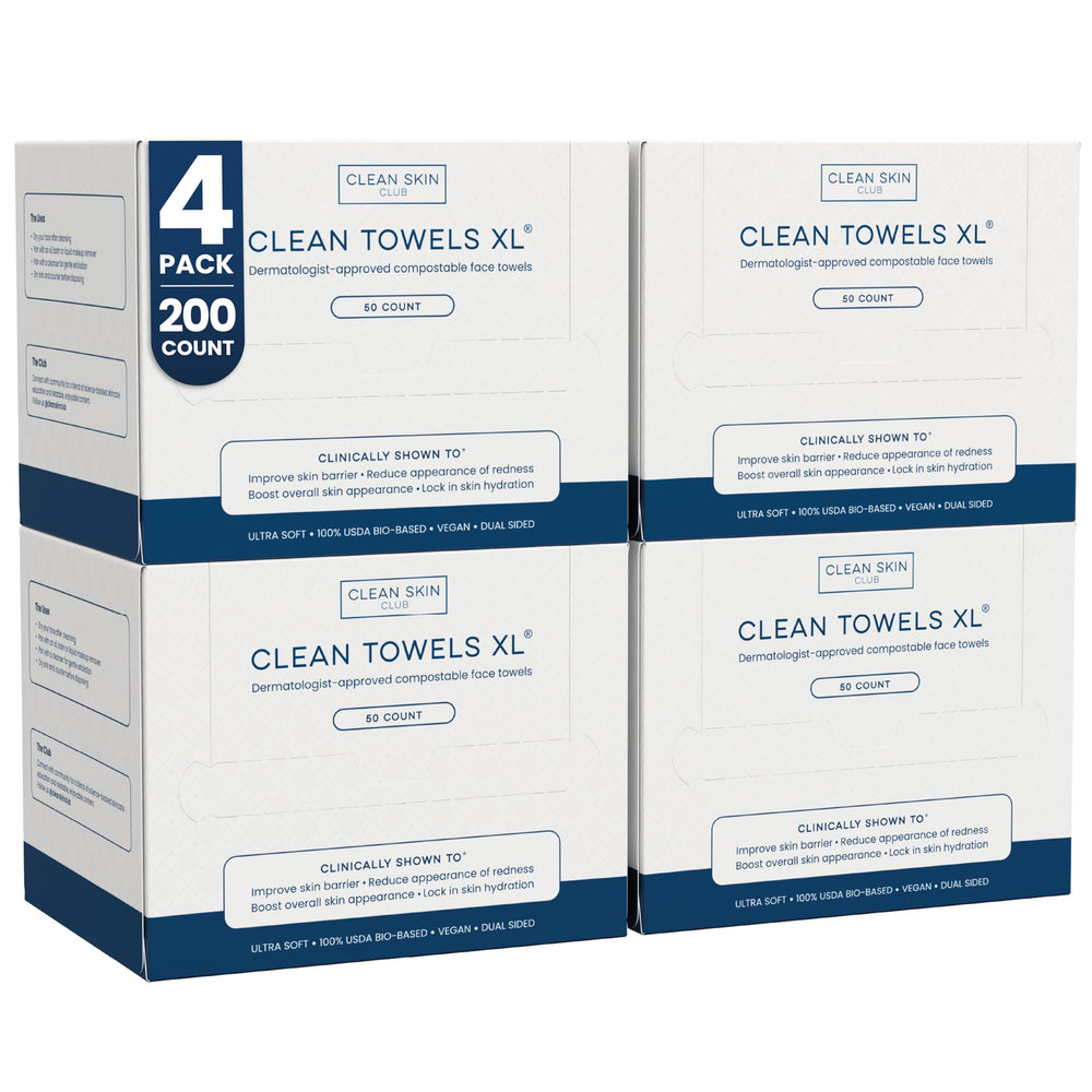 Clean Skin Club Clean Towels XL pack front view shows 200 disposable towels for daily skincare.