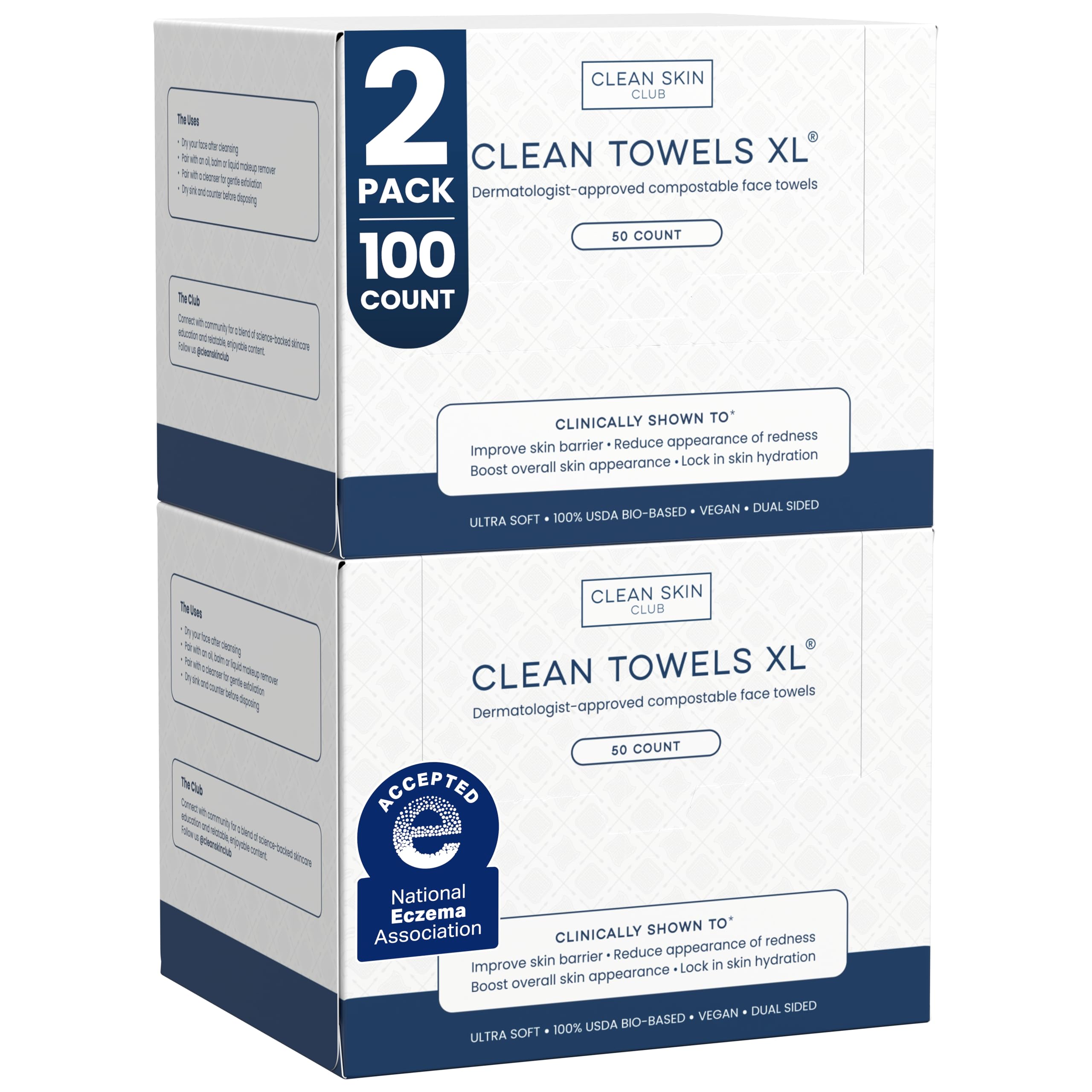 Clean Skin Club Clean Towels XL pack overview showing two-pack with 100 towels for hygienic skincare