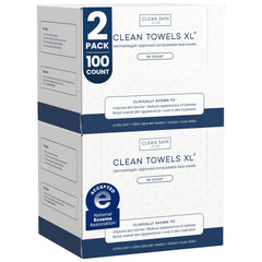 Clean Skin Club Clean Towels XL pack overview showing two-pack with 100 towels for hygienic skincare