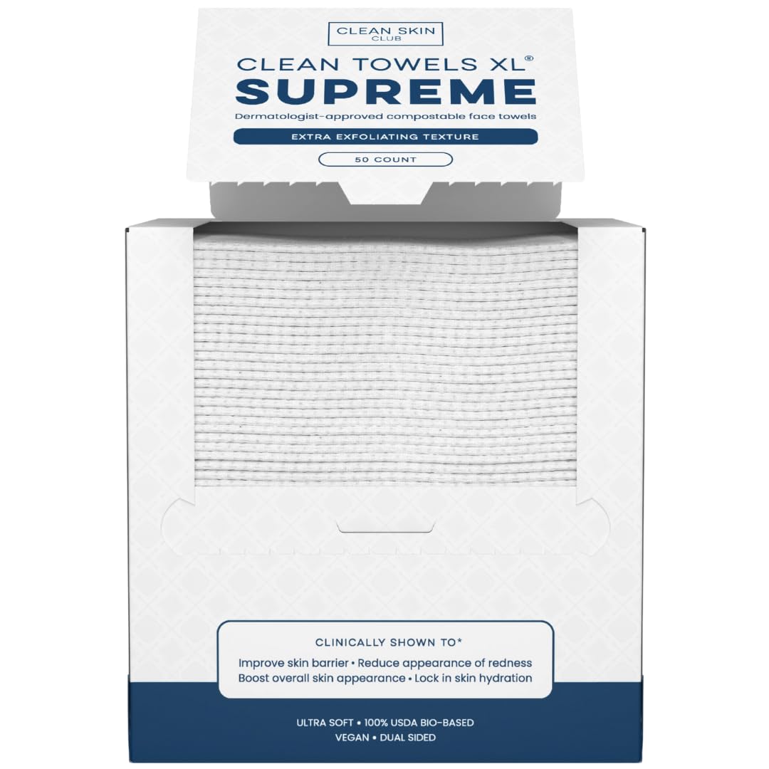 Clean Skin Club Clean Towels XL Supreme pack showing 50 single-use towels for quick daily cleans
