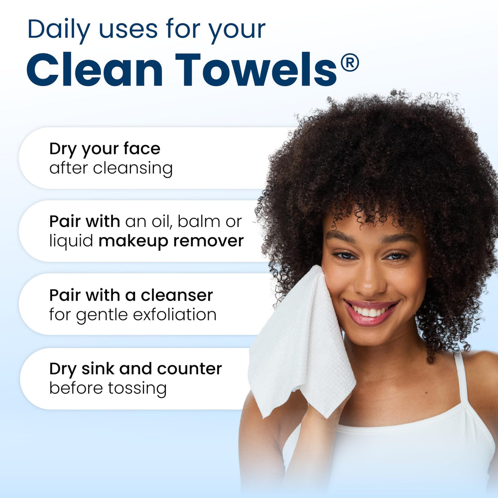 Face towel from Clean Skin Club in use during a skincare routine on the go