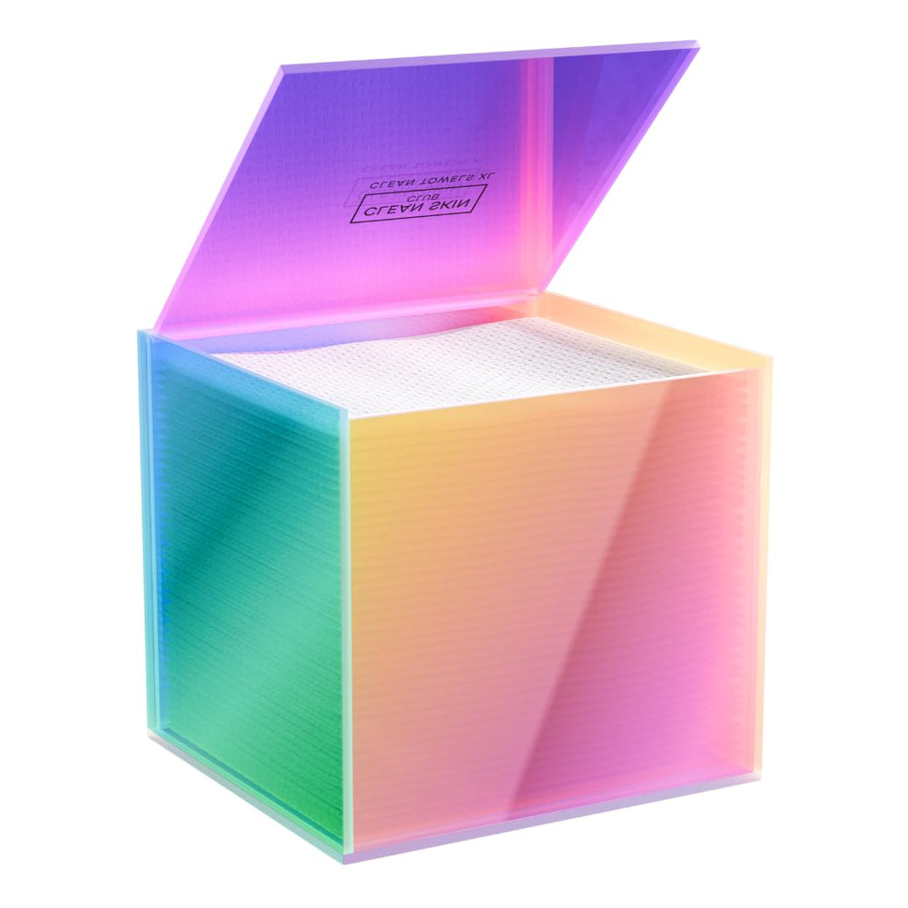CLEAN SKIN CLUB Prism Box with a towel-stack display keeps 50 towels organized.