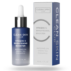 Clean Skin Club Vitamin C Serum bottle closeup highlighting brightening potential for uneven skin tone.
