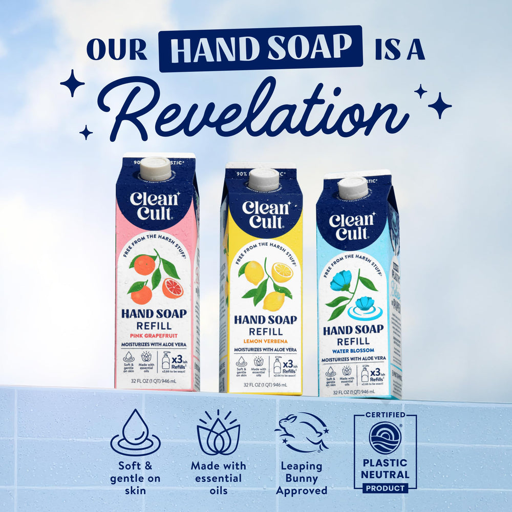 Cleancult Lemon Verbena liquid hand wash pour bottle shows smooth lather