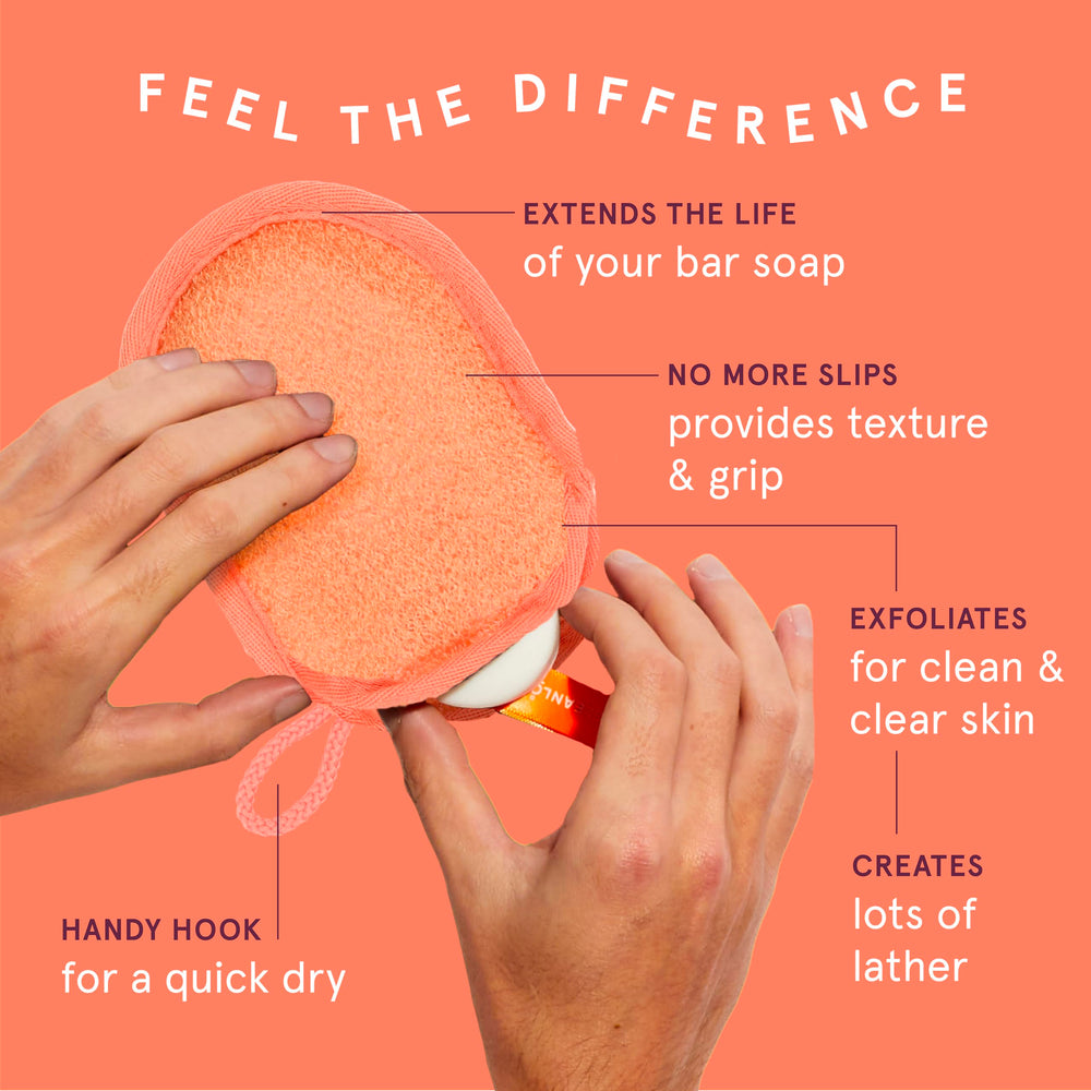 Cleanlogic exfoliating scrub pouch material close-up highlighting textured fibers for gentle exfoliation