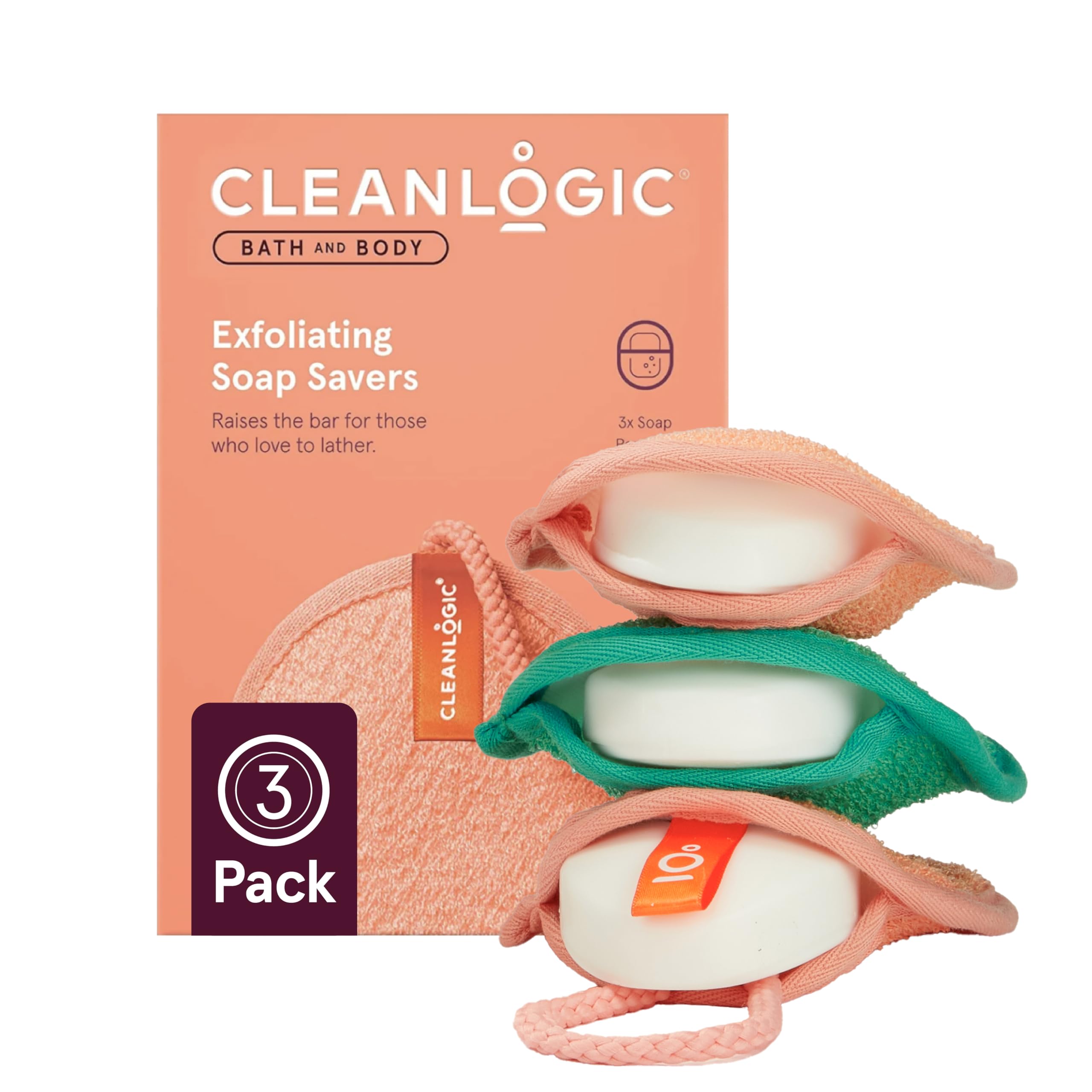 Cleanlogic exfoliating soap saver pack front view in assorted colors for daily exfoliation